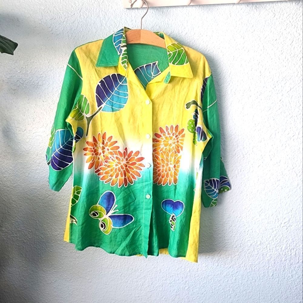 Nan 100% linen tropical Hawaiian volcano summit short sleeve button front blouse